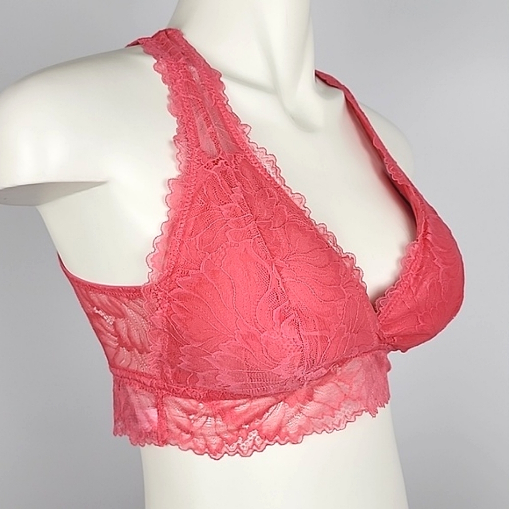 ⭐️3/ $30⭐️ Auden Lightly  Lined Lace Pink Longline Bralette Deep Plunge Sz Med